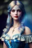 Placeholder: alice wonderland, blue dress, young woman, starry eyes, sinematic depth of field, alfons mucha, clay model, art blender,