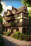 Placeholder: large medieval gothic inn, with a balcony, next to a sloping, cobbled road, surrounded by trees with dense foliage, photo-realistic