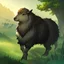 Placeholder: One wolf and one sheep playing togheter in a green field. Sunny day