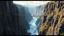 Placeholder: In a fantasy world, a deep gorge with vertical stone sides has a tumultuous river flowing at the bottom. At ground level, above the gorge, a rope bridge has been constructed to span across the gorge. The scenery is awe-inspiring. Colour photograph