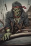 Placeholder: close up portrait of a zombi as a pirate, 2d style, background on a boat