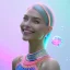 Placeholder: A portrait of a crystalised girl,smiling, laughting longs thin hairs blue, atmospheric, realistic,, cinematic lighting, octane render,, pink turquoise light, white skin, pink atmosphere, nice smile, jewels brillant, blue eyes, soft face, big smile, very happy, 8K hight quality, bright eyes light, pink silk dress, wrings fairies