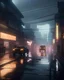 Placeholder: Cyberpunk district with giant foggy skyscarpers, cars, FoV: 100, HD, Unreal Engine 4, Blade Runner 2049, heavy rain, rainy streets reflection, neon signs, low contrast, grainy, less color