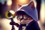 Placeholder: cute chibi spy cat in detective clothes and hat with magnifying glass, watching pictures with it in sunshine, ethereal, cinematic postprocessing, bokeh, dof