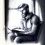 Placeholder: draw a realistic pencil sketch of high dark skeen young man with a light beard, holding a book, sitting on a chair in front of a window