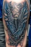 Placeholder: upclose ultra realistic and highly detailed photo of a tattoo, close up texturised image of an angel wing, on the angel wing a name is written -"Jiu-Jitsu", the backgrond is an abstract, chaotic and explosive collage of of vines with thorns and rope knots,.blue and gray,.32k