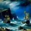 Placeholder: A dark blue cove surrounded in water with pirate ships in a rainstorm designed in Scandinavian folk art painted by Édouard Manet