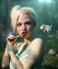 Placeholder: Ultra realistic wonderland photo, happy blonde woman smoking a pipe, blue dress, white rabbit pet, circus dress style, old school tattoo, smoke, marijuana garden, glow eyes, perfect iris, soft color, highly detailed, unreal engine 5, ray tracing, RTX, lumen lighting, ultra detail, volumetric lighting, high definition.