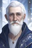 Placeholder: A fair-skinned elf. He has pointy ears. He is tall, thin, silver hair, and blue eyes. He has a thick silver beard. He has the appearance of a man of about sixty years. He wears a long tunic of blue color magician. He looks distracted and friendly. Ice particles float around him. In the image you must see at least half a bust. It must be comic-book style.