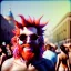 Placeholder: Ultra Realistic photo, medium shot view, drunken dancer naked man, carnival scene, monster hair, steampunk. Red hair, confeti, Sunglasses, smile, happy, festival, ovnis, gradient color fog. highly detailed, concept art, unreal engine 5, ray tracing, RTX, lumen lighting, ultra detail, volumetric lighting, 3d, finely drawn, high definition, high resolution.