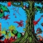 Placeholder:  kaiju birds in a tree near a city by dr seuss