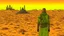 Placeholder: Desert warrior from behind looking at a city in the distance, comic style