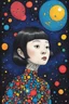 Placeholder: Gogh-like half alien half-Yayoi Kusama lady, colored ink art. She is young and cute and is looking up at a spaceship in distance. It’s dark and gloomy. Some light comes from above.