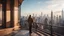 Placeholder: a close up view of a man standing on the balcony of a building while looking at a New York Manhattan, highly detailed, raw photo, procedural city, atmospheric, weather