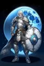 Placeholder: Please create an image for a 30-year old aasimar male with silver hair and a short, square beard and blue eyes. He is standing outside in the moonlight wearing plate armor and wielding a shield and a hammer. His equipment is adorned in multiple places with a crescent moon