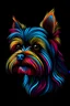 Placeholder: a Yorkie, vivid colors, crisp line art , black background , aspect ratio = 2:3