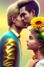 Placeholder: kissing humans, flowers, gold, gems, blonde girl and boy, cinematic, love, subject in the center