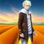 Placeholder: a man in a orange coat is standing in a field, blonde hair, concept art by Hiromu Arakawa, featured on pixiv, superflat, official art, anime, 2d