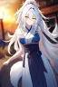 Placeholder: fox girl, masterpiece, best quality, cinematic lighting, detailed outfit, vibrant colors, perfect eyes, golden eyes, long hair, white hair, messy hair, hair between eyes, depth of field, ray tracing, ponytail, hakama, tail,