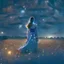 Placeholder: a young woman in a sleeveless dress seen on the back in a field at night with lots of stars, looking at an apparition in the sky