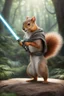 Placeholder: [photo realistic] a squirrel standing with a Jedi cape and a Lightsaber, using the force, jungle in the background