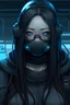 Placeholder: very pale White chubby girl, blue eyes, with kind of a tired look on the face. she has dark brown long hair. dress in black techwear and glasses face mask in a cyberpunk world.