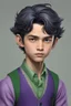 Placeholder: 11-year-old, boy, long hair, black hair, grey colored eyes, grey iris, olive skin tone, good-looking, carelessly handsome, slightly spoiled, haughty look on his face, wealthy, aristocratic, high cheekbones, thin, toned, purple sweater vest, green shirt