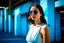 Placeholder: On a pop blue photographic background, a woman in a white dress, brunette, round sunglasses, 16K, real photography, advertising photography, shot with a Leica camera, 35mm lens, powerful lighting