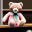 Placeholder: pastel pink teddy bear sitting on a store shelf alone, sad, drawing, dusty