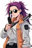 Placeholder: male cyberpunk solo with long hair tail, Norwegian, Wearing Leisureware and mirrored sunglasses, armed with heavy revolver, lean, nice, Anime Style, Retroanime, Video Game Character