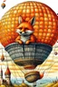 Placeholder: Color illustration of a ultra photo realistic happy red fox sitting "inside" a detailed wicker basket which is hanging below a perfect round orange colored hot air ballon nothing should be hanging from the basket, full image of hot air ballon, every element; fox, wicker basket, ballon should be in proportion to one another, in the background you can see the leaning tower of Piza