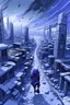 Placeholder: snowy megalopolis, purple white grey black, stylized, perspective from person on ground