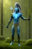 Placeholder: portriate of a na'vi avatar blue alien warrior, holding a spear, in the forest, volumetric lighting, particals, beautiful, intricate detail, photo realistc, volumetric clouds