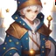 Placeholder: 4K, Fantasy World, A boy only wearing a closed wizards robe, and wearing a wizards hat. White Hair. Golden Eyes with no pupils.