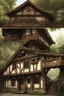 Placeholder: large medieval wooden inn, with a balcony, and a cobbled road going through the middle, in a wood, photo-realistic