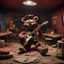 Placeholder: "CLAYMATION”, sinister clay Freddy Fazbear playing guitar on an abandoned '80's Pizzaria stage, creepy, spooky, sinister, clay figures, clay scenery, clay sculpture, 16k resolution, claymation movie still, "Five Nights at Freddys" aesthetic, Studio Laika, wide-angle lens