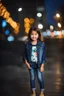 Placeholder: Little 6 years old beautiful girl perfect face,1girl wearing a pretty shirt and jean pant, standing pose,modern city ,night view