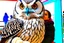 Placeholder: a giant owl sits on a woman's shoulder and very carefully hugs her with its huge wings