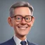 Placeholder: a portrait of smiling wise western man. 40 years old. caricature. gray short hair. light skin. blue eye pupils. elips eyeglasses, thin silver frame. oblong face shape. wear navy blue formal dress. pixar style. 3D. 4k. portrait. highly detailed. sharp focus. high resolution. full color. cinema lighting. with food background