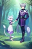 Placeholder: The handsome and perfect full body is on the spruce land, anime, a casual, gray-haired and lilac-eyed male character with wolf ears and a feline tail in the forest, 8K resolution, high quality, ultra graphics, and detailed with lines.