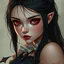 Placeholder: a pretty girl, 14 years old, black hair, vampire, red eyes, realism, stylised, fantasy, mystery