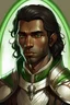 Placeholder: generate a portrait of a half-elf male cleric, with black hair, medium brown skin, green eyes, no tattoos or marks. He is wearing half-plate armor with hints of green and brown