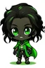 Placeholder: Wizard male dark elf with dark skin with ear length black fluffy hair Chibi art style green accents