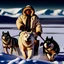 Placeholder: Create an image of sledge dogs that drag a sled in the snowy expanses of Alaska on which sit four Eskimo children dressed in white bear fur coats, the sled makes deep tracks in the snow, in the background of his circle in front of which stands an Eskimo hunter with a catch of fish, afternoon photo, outdoor photo, photo Realistic, 18K, wide lens