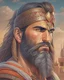 Placeholder: Mesopotamian warrior, expression serious, aura, portrait, background Mesopotamian city, comic style, long beard,