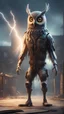 Placeholder: book cover illustration, fallout 4 setting, horror weird owl bear elk alien bird walking on stilts in female garments, getting hit by lightening electric arc, with big disturbed eyes,bokeh like f/0.8, tilt-shift lens 8k, high detail, smooth render, down-light, unreal engine, prize winning