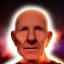 Placeholder: portrait of an elderly man's severed head floating in space, backlit by stars