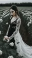 Placeholder: black lace scarf and dirty white wedding dress in a field of white roses.cinematic picture