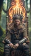 Placeholder: close up portrait of a happy blessed ancient magical king mad max soldier posing for foto shoot on a throne, holding a burning sceptre, in a space alien mega structure with stairs and bridges woven into a sacred geometry knitted tapestry in the middle of lush magic forest, bokeh like f/0.8, tilt-shift lens 8k, high detail, smooth render, down-light, unreal engine, prize winning