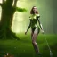 Placeholder: upper body of selda leaning against tree, fast walker, as a young cute feminine woman, short hair, green forest background, pond, mega flowers, dusk, 100 fireflies, throne